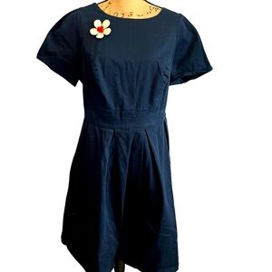 ModCloth Lined Pleated Navy Blue Dress Size 1X Comes With Real Flower Brooch